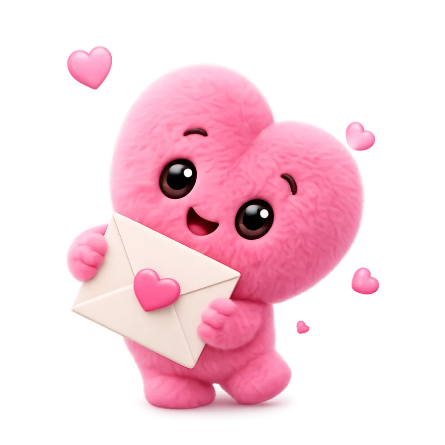 Mascote coração da Loven com uma carta