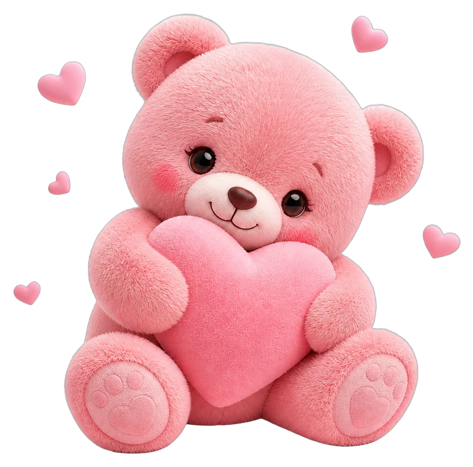 Ursinho rosa da Loven abraçando um coração